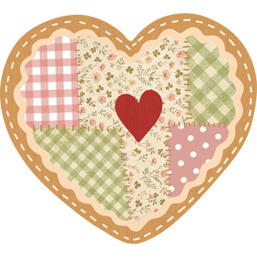 Patchwork heart-shaped quilt with floral and checkered fabric squares for scrapbooking or craft projects
