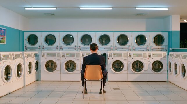Man in suit sitting on chair facing rows of washing machines in laundromat