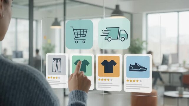 Customer browses fashion catalog on interactive screen, selecting clothing and footwear items with ratings, shopping cart and delivery icons for ecommerce retail experience.