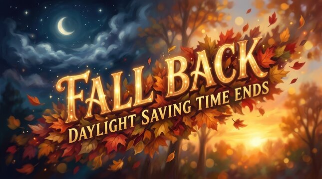 Fall back daylight saving time ends autumn leaves night sky conceptual image