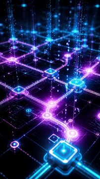 Neon Digital Network Grid with Glowing Data Nodes, Circuit Connections, and Futuristic Blue Purple Light for Adaptive Workflow Optimization