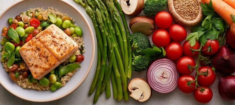 Fresh fish rests atop a colorful bowl of vegetables