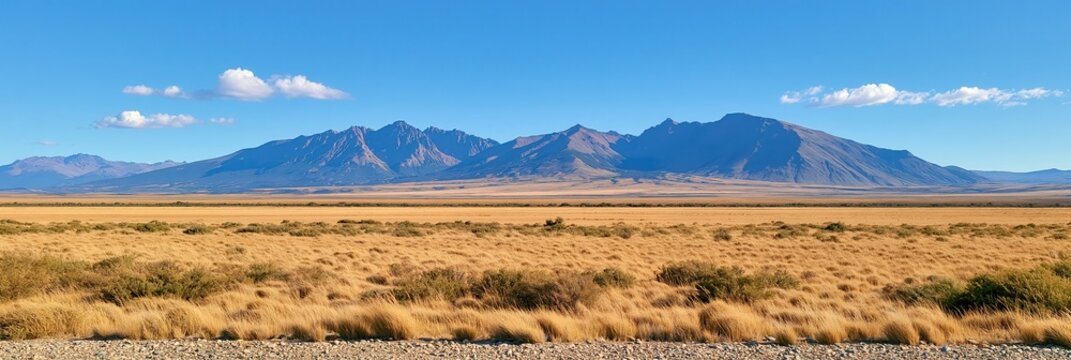 Wide landscape of golden steppe grassland with distant mountain range under clear blue sky
