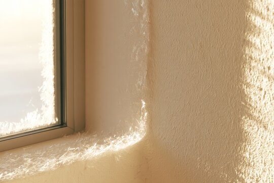 Frost forming on a window corner during winter in a warm indoor setting at sunrise