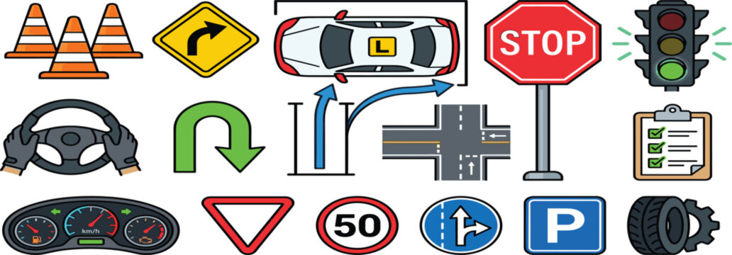 Driving Lesson and Traffic Rules Vector Set Featuring Parallel Parking Stop Sign Dashboard Traffic Light Steering Wheel and Road Regulation Icons