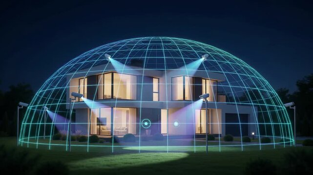 Smart home security system with surveillance cameras and a protective dome, illustrating innovation, safety, and connectivity around a modern residence at night.
