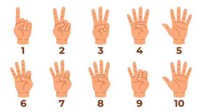 Hand gestures demonstrate counting from one to ten using fingers for early childhood educational learning.