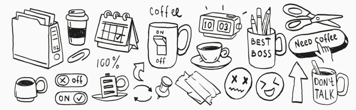 Hand drawn office coffee doodle collection featuring mugs, takeaway cup, calendar, timer, folders, pencils, scissors, notes and workplace expressions.