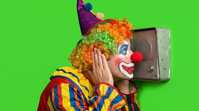 Funny clown interacting with vintage intercom on green screen