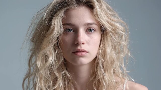 Young Blonde Woman Looking blankly ahead, eyes unfocused on the immediate surroundings.