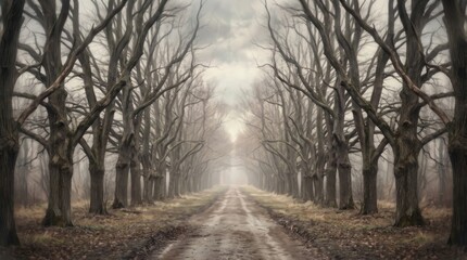 Fototapeta premium A long road lined with bare trees leads toward a bright distant light