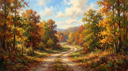 Fototapeta premium Winding country road through a vibrant autumn forest with golden light