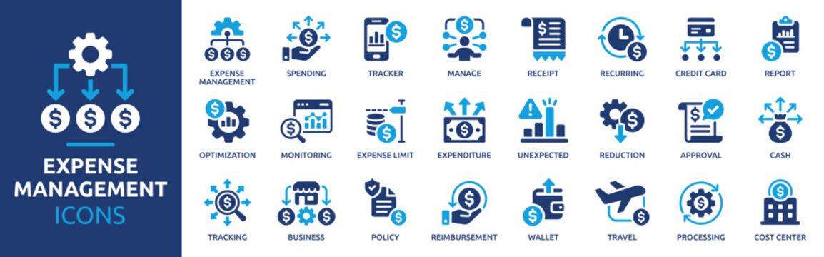 Expense Management Icon Set. Containing Spending, Expenditure, Expense Tracking, Financial Management, Cost Control and Receipt Solid Vector Icons Collection
