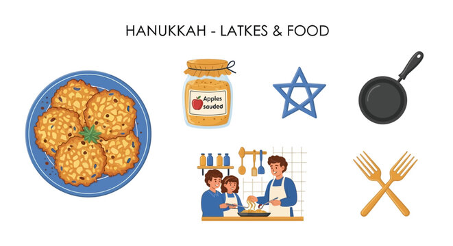 A collection of Hanukkahthemed illustrations including latkes on a plate applesauce a star a pan and a family cooking