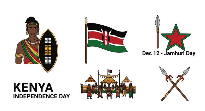A collection of Kenyanthemed illustrations including a warrior with a shield the national flag and festive scenes