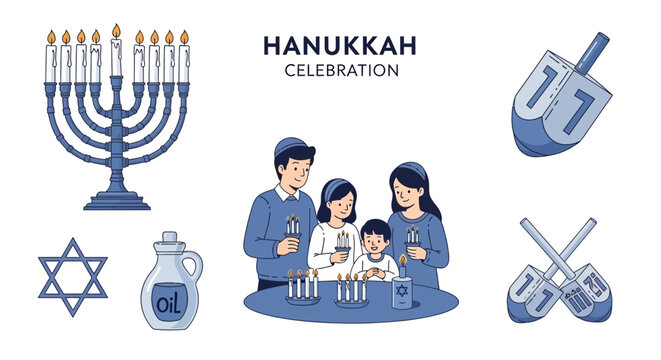 A family celebrating Hanukkah with a menorah dreidels an oil jar and Star of David symbols in blue and white