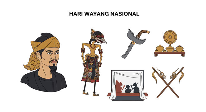 A digital illustration showing a man a shadow puppet a kris gamelan instruments a screen and crossed poles