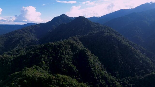 Sunlit Tropical Mountain Ridges in Ecuador with Dense Rainforest, Deep Valley, Blue Sky and Scenic Andean Amazon Wilderness Landscape
