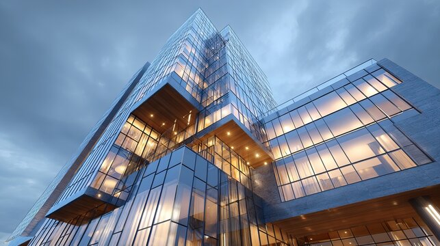 Modern glass building rising against a dramatic stormy sky, showcasing illuminated windows, a striking architectural concept