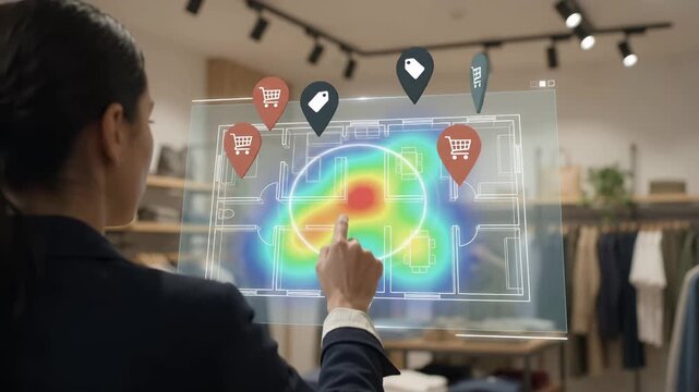 Retail analytics display shows a customer traffic heatmap with shopping cart and tag pins over a store floorplan, guiding data driven marketing and business decisions.