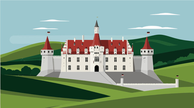 A majestic white castle with red-roofed towers stands proudly on a green hill under a clear sky.
