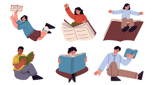 Diversity people reading books, sitting cross-legged, and flying on giant open books isolated on white background. for library, bookstore, and literacy campaign banner.