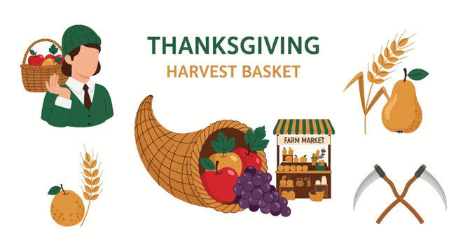 Thanksgivingthemed illustrations including a person with a basket a cornucopia a farm stand grain and scythes
