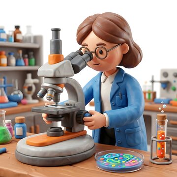 3D clay scientist working in a laboratory with microscope