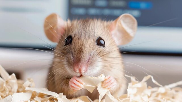 Adorable small rodent with big ears and whiskers holding food in its paws and nibbling on it