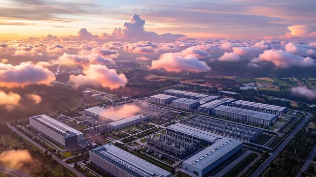 Aerial Timelapse of an Indian Data Center with Moving Clouds During Sunset