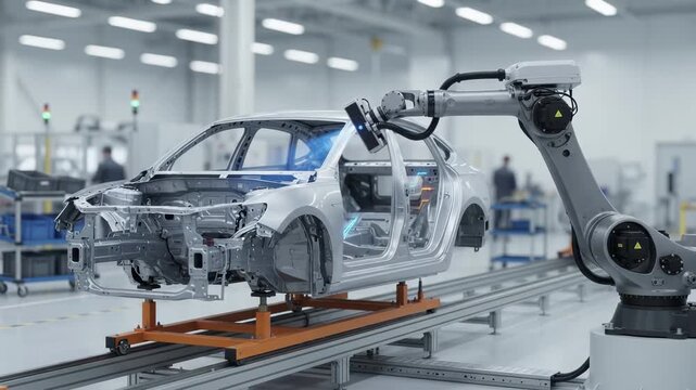 Robotic arm assembles vehicle chassis on automated production line within modern factory. Precision engineering and smart automation drive innovation in automotive manufacturing industry.