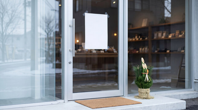 Blank notice on glass door of japanese shop with kadomatsu for year end holiday closure