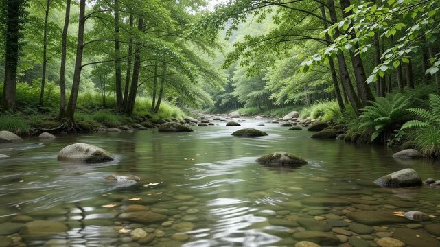 A peaceful flowing stream in a lush green forest with rocks and ferns.