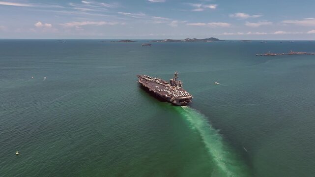 Aerial view nuclear powered aircraft carrier, USA navy ship carrier airplane fighter jet aircraft army navy nuclear ship carrier full fighter jet aircraft technology of battleship.