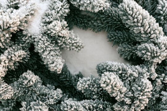 Frosty pine branches surround a blank space in a winter setting