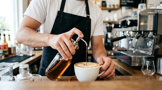 Barista pouring syrup into latte art coffee cup at busy cafe counter with espresso machine