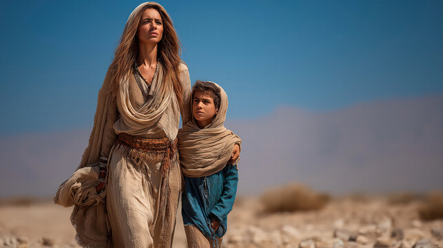 Hagar and Ishmael walking through the desert in an ancient biblical scene of hardship, faith, and hope