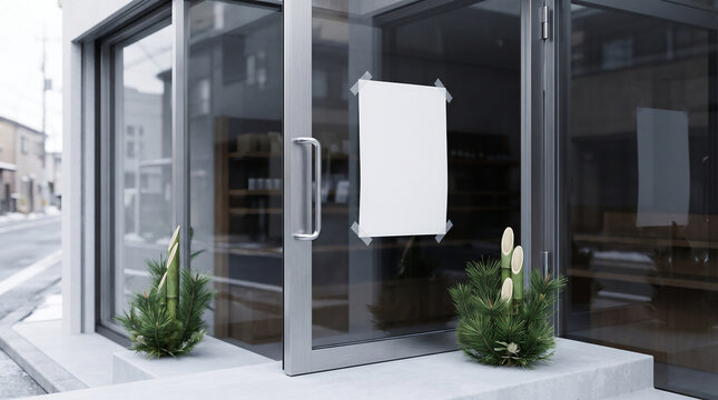 Blank closure notice on glass entrance door with two kadomatsu for japanese new year