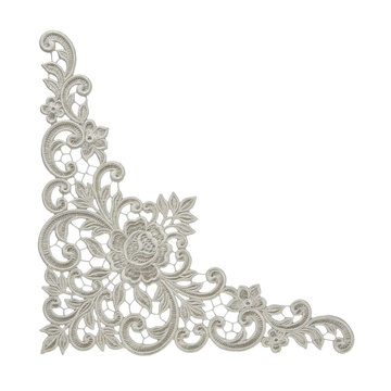 Intricate beige lace corner applique with floral patterns and swirls isolated on a transparent background