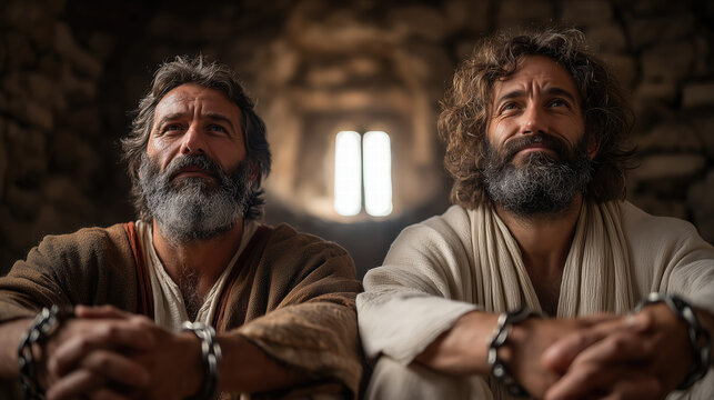 Paul and Silas chained in prison singing and praising God in a powerful biblical scene of faith and hope