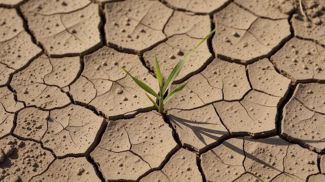 Top-down macro footage of a fresh green grass sprout emerging from cracked dry earth, representing drought, plant resilience, climate change, and environmental stress.