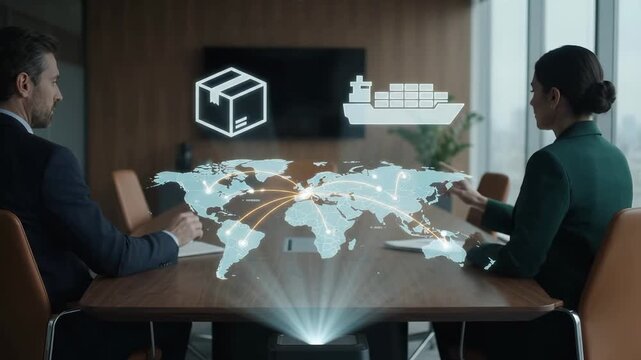 Logistic network distribution and global trade strategy discussed in corporate meeting. Business partners analyze supply chain, shipping and transportation data via digital projection over world map.