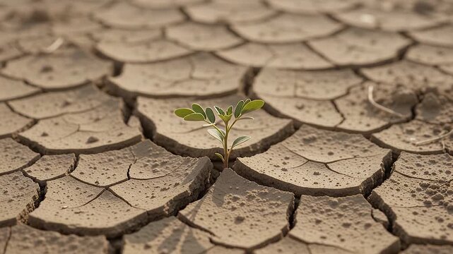 Macro footage of a young green seedling growing from cracked dry soil at sunrise, symbolizing drought, environmental resilience, and climate change.