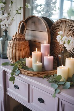 Decoraci&oacute;n acogedora para el hogar con velas encendidas, bandejas de mimbre y flores sobre un mueble