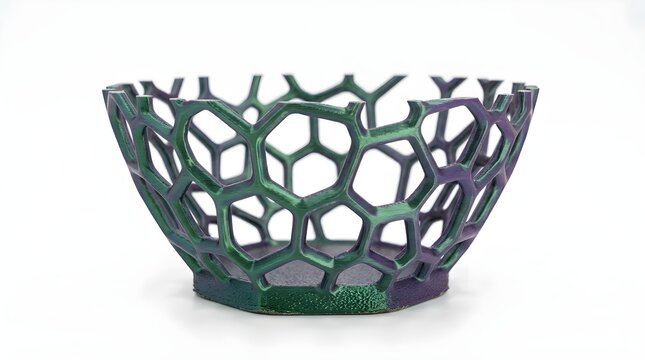Moderno frutero o cuenco impreso en 3D con dise&ntilde;o geom&eacute;trico de panal sobre fondo blanco