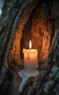 Vela encendida derriti&eacute;ndose dentro de la cavidad hueca de un &aacute;rbol con una luz c&aacute;lida y m&iacute;stica