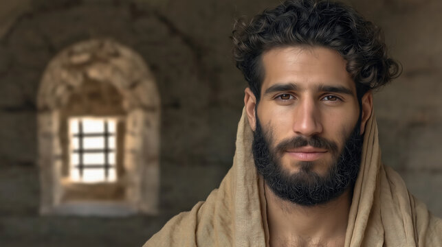 Joseph in an ancient Egyptian prison, sitting alone in a dim stone cell with faith and hope