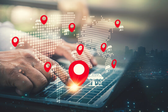Global Store Location and Franchise Expansion Concept with Red Map Pin Icons.