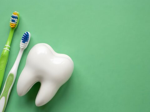 Close-up of a large model tooth with toothbrushes on a green background