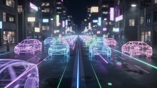 Autonomous vehicles navigate a smart city street at night, connected through digital networks and sensor data, illustrating future mobility, innovation and intelligent transportation systems.